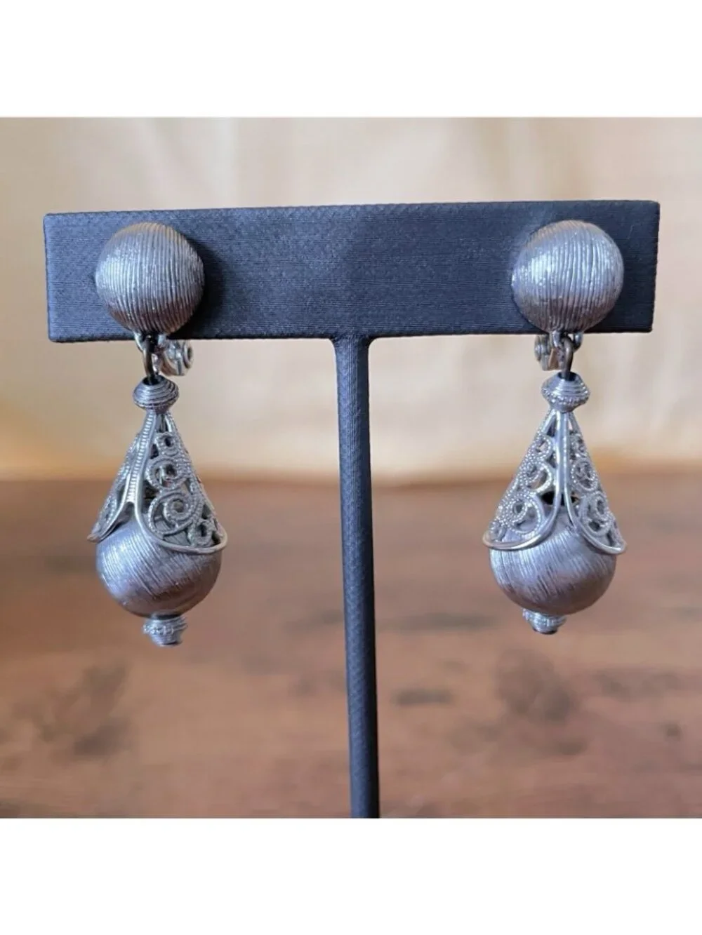 Vintage Monet Bolero Earrings Silver Tone Filigree Clip On Dangle Drop Signed